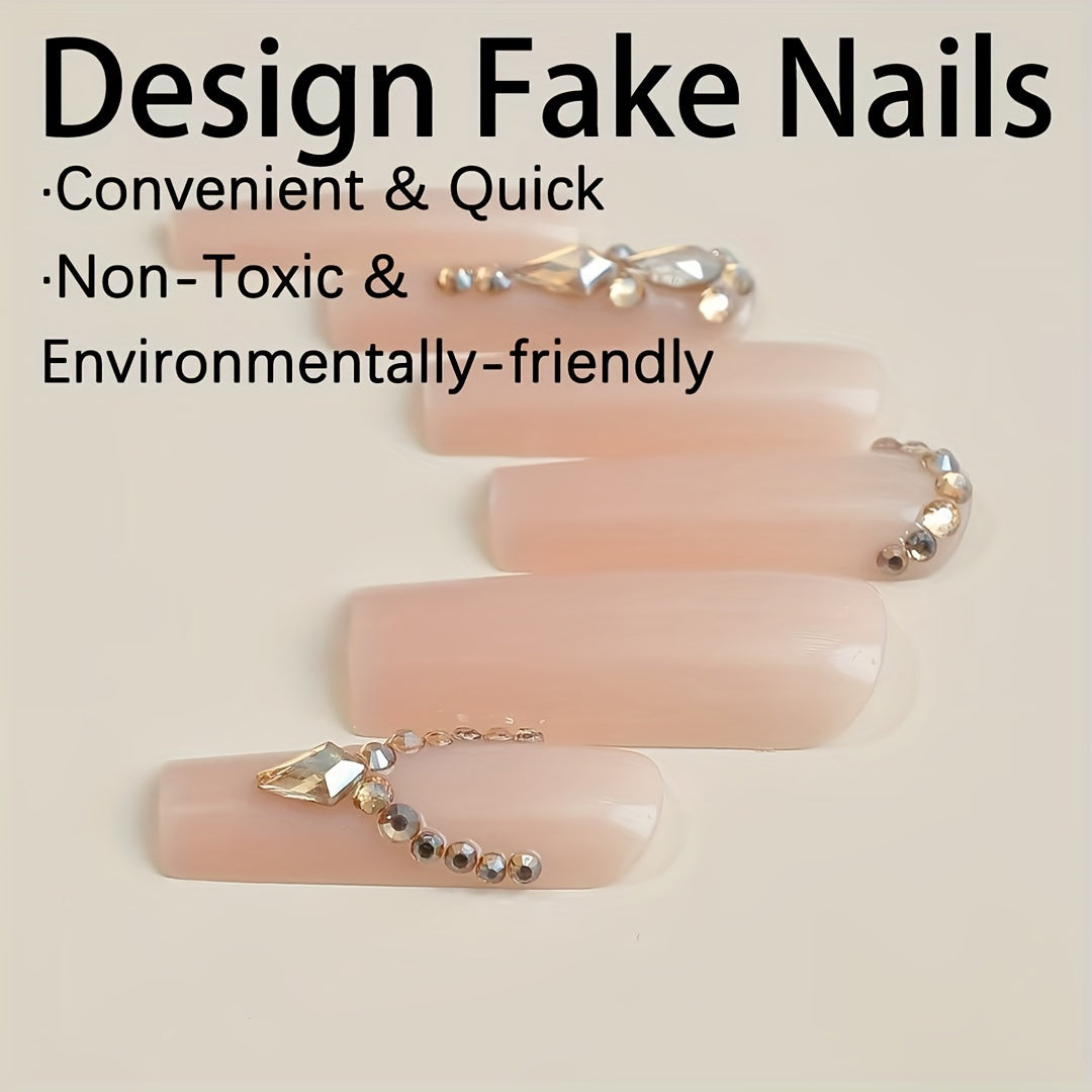 Super Long Square Shape Nude Nail Tips with Glitter Finish and 3D Butterfly Diamond Accents - 24pcs Glossy Fake Nails Set with Nail File and Tape for Women and Girls